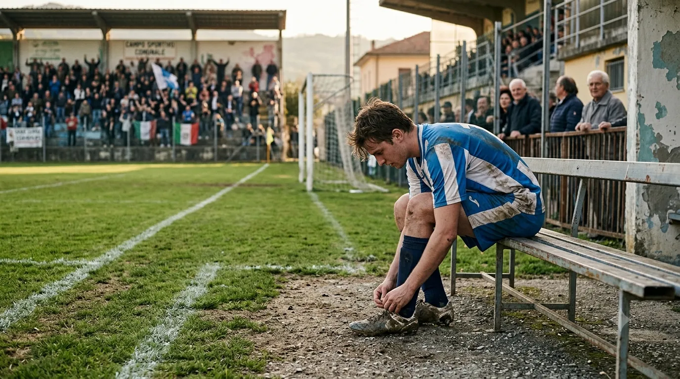 Un calciatore di Serie D si allaccia le scarpe da calcio a bordo campo in uno stadio di provincia
