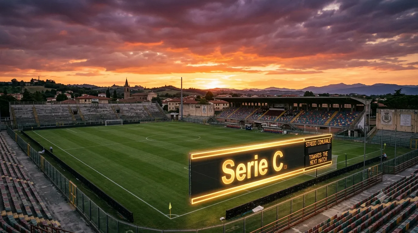 Tabellone luminoso di uno stadio italiano al tramonto che simboleggia la promozione e il ripescaggio in Serie C
