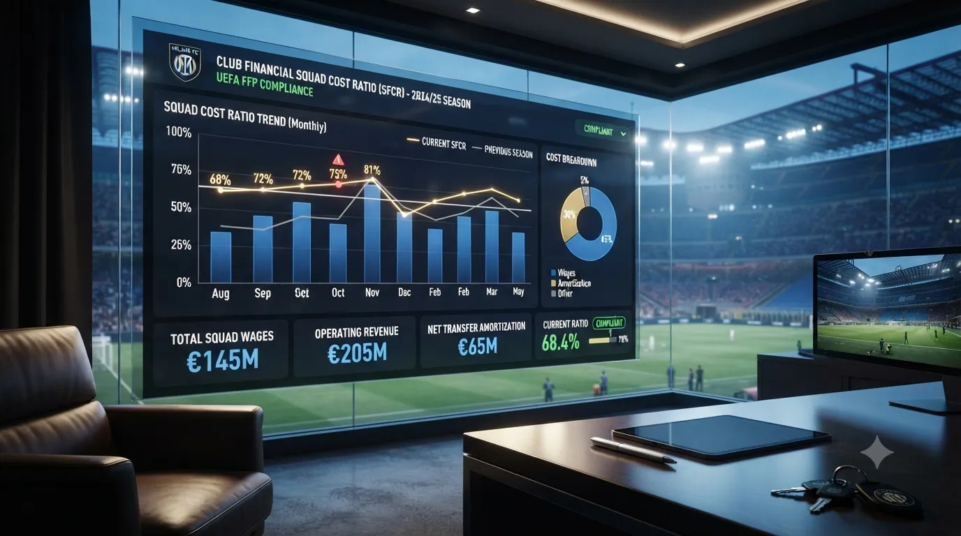 Un grafico digitale mostra i parametri dello squad cost ratio e della sostenibilità finanziaria di un club di Serie A