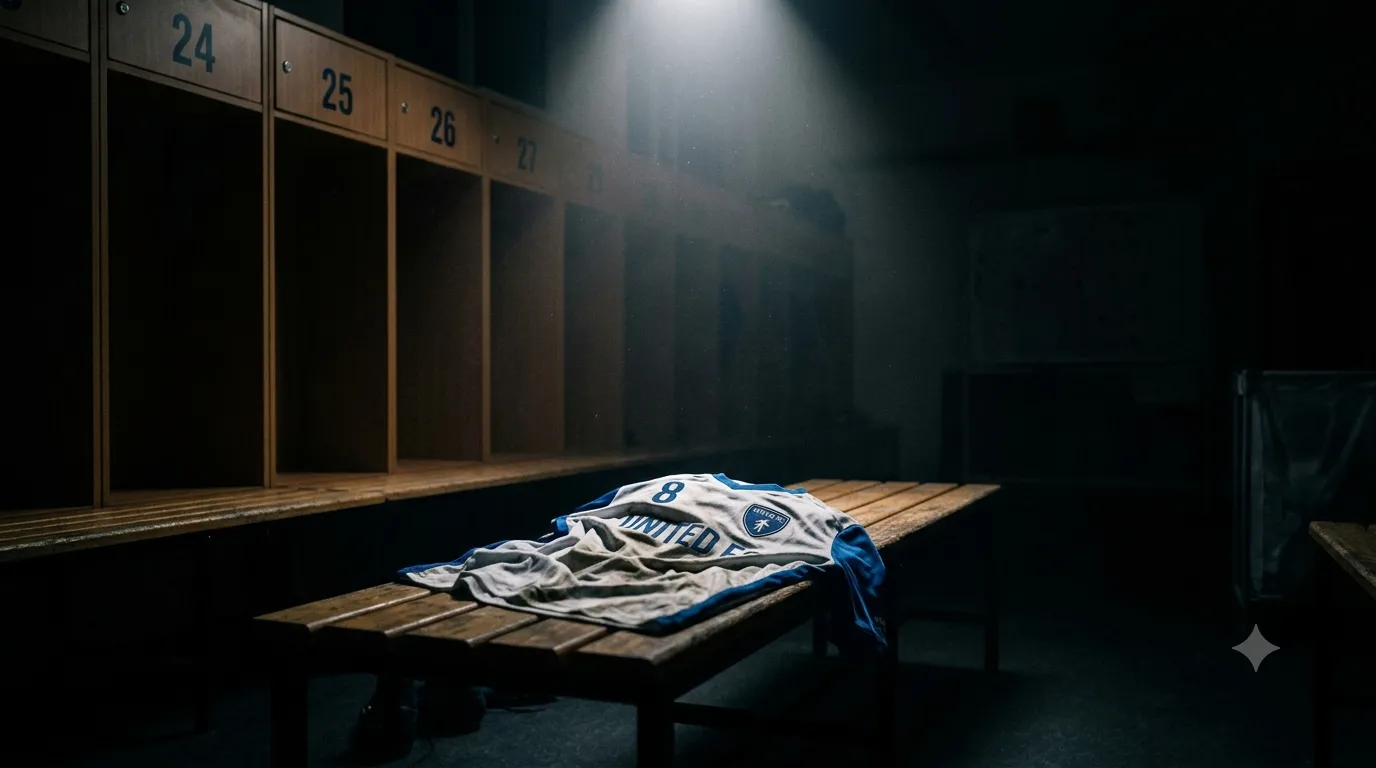 Una maglia da calcio abbandonata sulla panchina dello spogliatoio vuoto sotto un riflettore