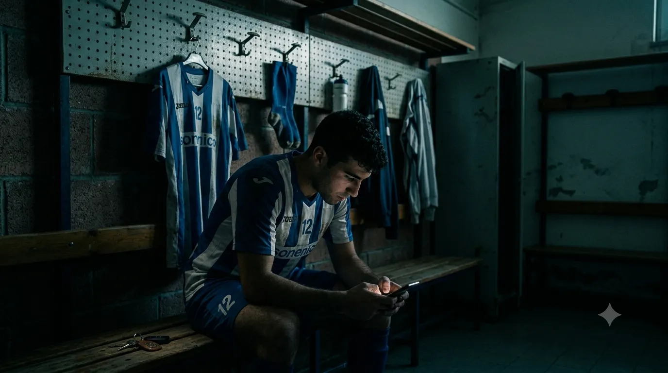 Un calciatore di Serie D pensieroso nello spogliatoio mentre controlla lo smartphone per comunicazioni societarie