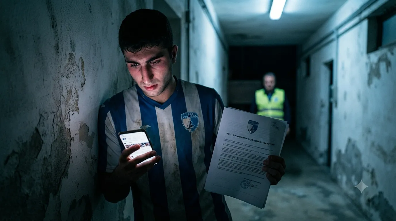 Un calciatore di Serie D legge un documento legale o uno smartphone nello spogliatoio