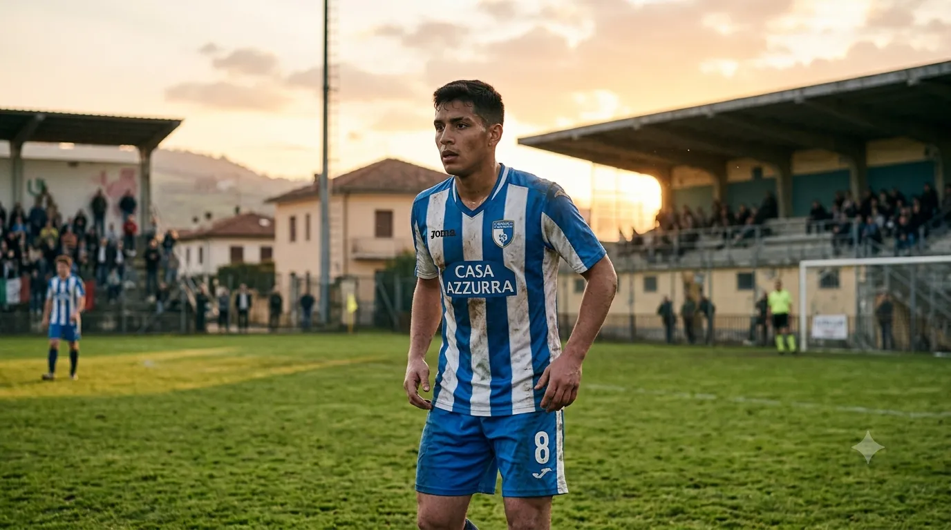 Un calciatore straniero in divisa da gioco si allena sul campo di una squadra di Serie D