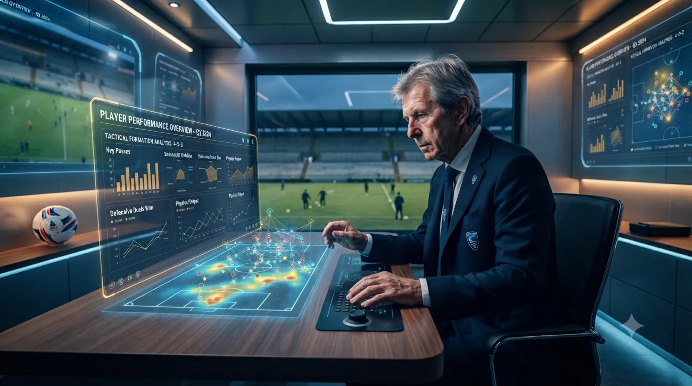 Un dirigente sportivo analizza statistiche di giocatori e grafici tattici olografici in una sala di analisi ad alta tecnologia